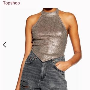 Topshop Silver Glittery Halter Top Tie-Back Open Back Top- Size 4